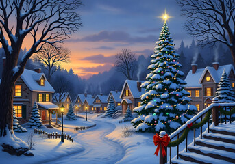Enchanting snowy village scene with a towering decorated christmas tree and warm glowing homes at dusk