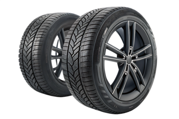 Car tires with a great profile in the car repair shop. Set of summer or winter Tyres in front of white fond. On AI generated by PNG