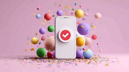 Celebratory smartphone displaying a confirmation checkmark surrounded by confetti and colorful balls.