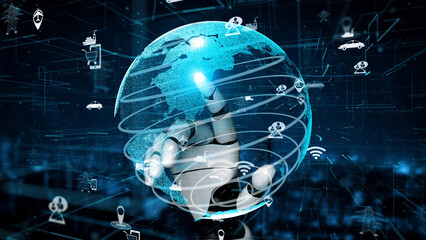 A futuristic image showing a robotic hand pointing at a glowing globe, illustrating global connectivity and advanced technology through various digital icons and symbols. Xenic