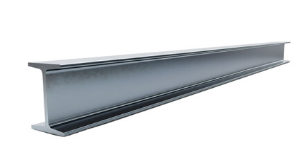 Steel I-beam on a transparent background. The beam is long, metallic, and has a distinct I-shape, commonly used in construction and engineering.