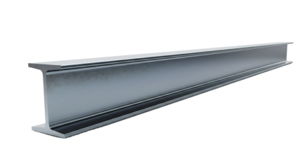 Steel I-beam on a transparent background. The beam is long, metallic, and has a distinct I-shape, commonly used in construction and engineering.