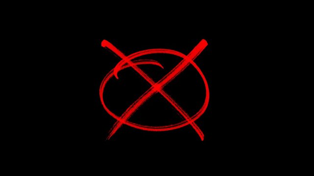 Handwritten red cross sing wrong Grung check mark animation video with alpha channel,  cross mark symbol appear in a circle 