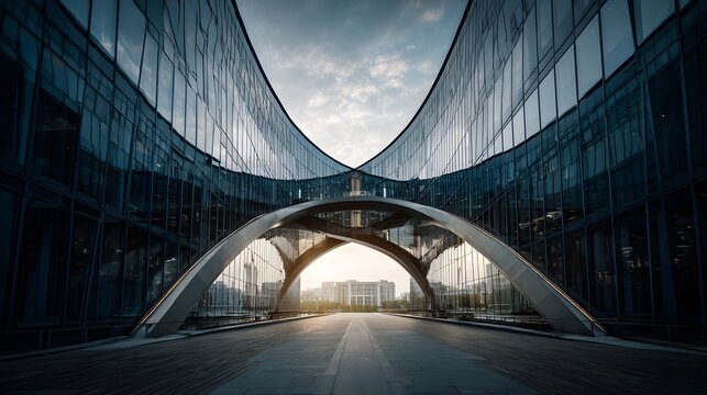 Futuristic architecture with sweeping glass facades and intersecting arched bridge leading to horizon. - Powered by Adobe