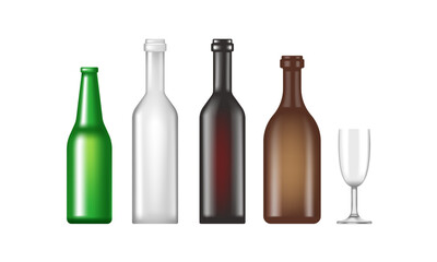 Glass bottles. Wine and beer bottles. Vector set isolated on white background.