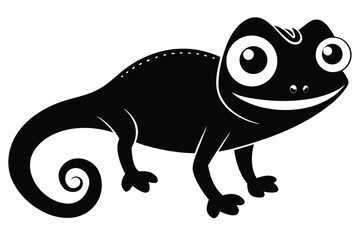 Smiling chameleon with a curled tail stands out in black and white silhouette