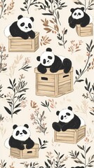Obraz premium Light beige pattern with travel crates and sleepy pandas