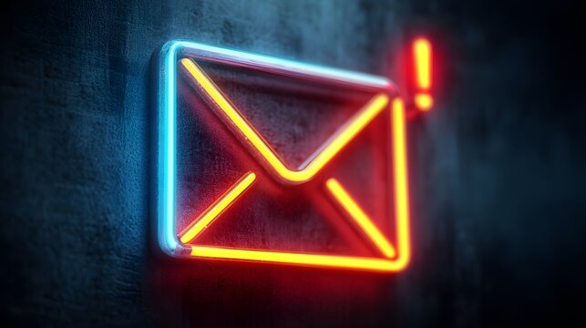 Neon email envelope symbol against a dark wall, signaling a new or important unread message.