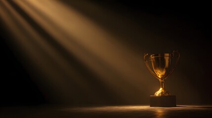 Gold-colored trophy on a dark background, illuminated by a spotlight. An object of victory.