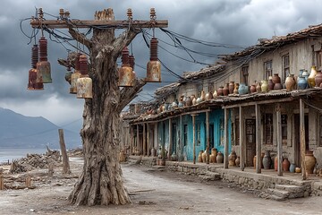 Wooden electricity post against mountain backdrop high resolution picture