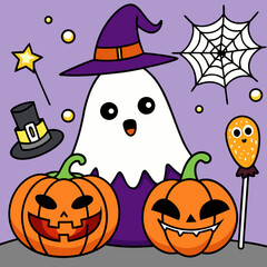 Fototapeta premium Spooky Halloween background illustration with pumpkins, bats, and ghosts