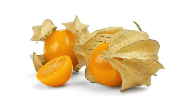 A golden-yellow physalis (cape gooseberry or golden berry) still inside its papery husk, placed beside one with the husk removed to show the shiny fruit. Arranged on a minimalist white surface.