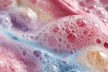 Fototapeta premium Rainbow bath bomb dissolving in water, creating colorful foam with bubbles, perfect for a relaxing bath