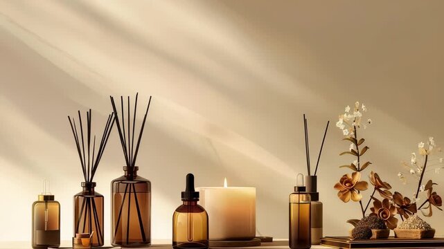 Serene arrangement featuring aromatic oils, diffuser sets, lit candle, decorative florals, set against soft, neutrally colored background, evoking relaxation, calmness.