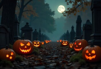 Fototapeta premium Halloween party ambiance with spooky tombstones and bright orange pumpkins