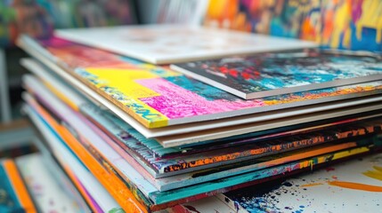 A vibrant stack of colorful art prints and canvases, showcasing creative expression.