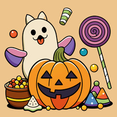 Fototapeta premium A vibrant Halloween scene with a carved jack-o'-lantern and a bounty of candy