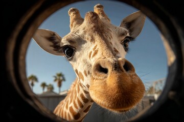 Close-up of giraffe face peeking through circular opening, showcasing curiosity and unique perspective in zoo environment