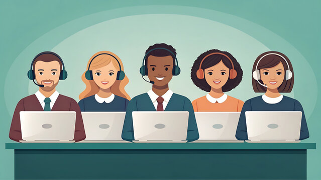 Diverse team of friendly customer service representatives wearing headsets and working on laptops at a desk