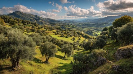 Scenic valley with olive groves and rolling hills under a partly cloudy sky