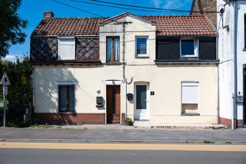 Modest residential houses in a row in Péruwelz, Hainaut, Belgium