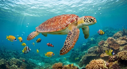 Obraz premium Illustration of sea turtle swimming in the ocean with colorful fish and coral reef