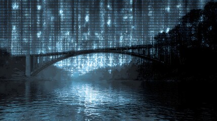 Digital bridge connecting nature, code overlay blurs the line between physical and virtual worlds.