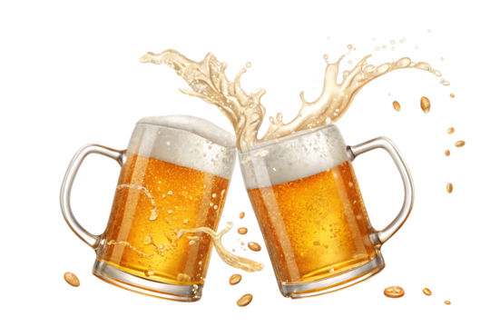 Celebration with two beer mugs toasting and creating a splash in a lively atmosphere On AI generated by PNG - Powered by Adobe