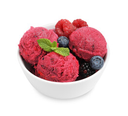 Delicious sorbet with fresh berries and mint in bowl isolated on white