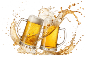 Celebration with two beer mugs toasting and creating a splash in a lively atmosphere On AI generated by PNG