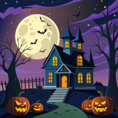 Fototapeta premium Spooky Halloween night with a haunted house, a full moon, pumpkins, and bats flying over a cemetery