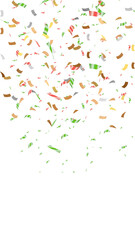 Metallic Confetti Celebration: Red, Green, Gold, Silver Falling on Black Background