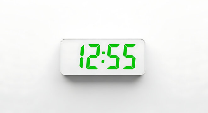 A digital clock displaying the time twelve fifty five with green numbers on a white background space ai generated