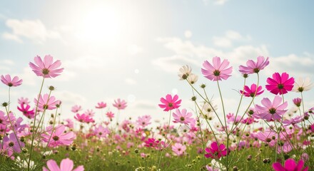 Fototapeta premium Illustration of beautiful cosmos flowers blooming in the field under the blue sky