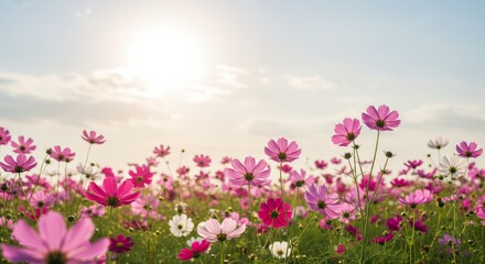 Obraz premium Illustration of field of pink cosmos flowers in the sunlight against the sky