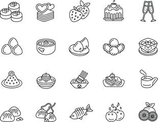 Collection of various food and dessert line art illustrations vector graphic design set for culinary creations and gourmet delights in a minimalistic style