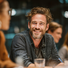 Fototapeta premium a cheerful man with a beard, smiling during a casual business meeting. The blurred background shows colleagues engaged in conversation, creating a warm and collaborative atmosphere.