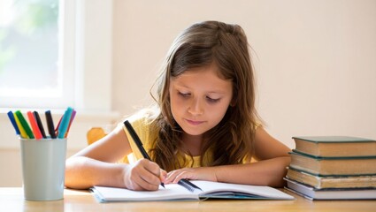 Focused child doing homework at home with school supplies on wooden table