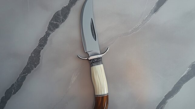 Hunting knife with ivory handle and silver banding on gray marble background.
