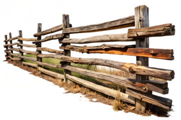 Weathered wooden log fence structure isolated on transparent background