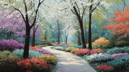 Naklejka premium A sunlit path winds through a vibrant, colorful garden filled with blossoming trees and shrubs in spring