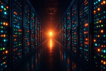Illuminated server room with rows of glowing lights creating a futuristic digital data tunnel effect