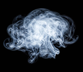 Close-up of glowing white smoke on a black background. The mist floats at the center, revealing the intricate details of the abstract patterned surface.