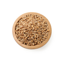 Wheat grains in bowl isolated on white, top view