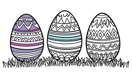 Three decorated easter eggs in grass.