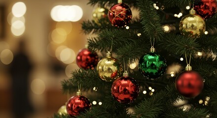 Illustration of close up of christmas tree with colorful ornaments and blurred background