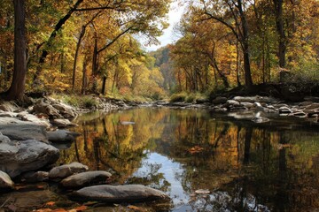 Autumnal stream reflecting fall foliage