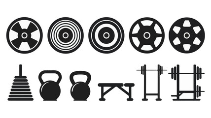 Black and white minimalist gym equipment icons weight plates kettlebells
