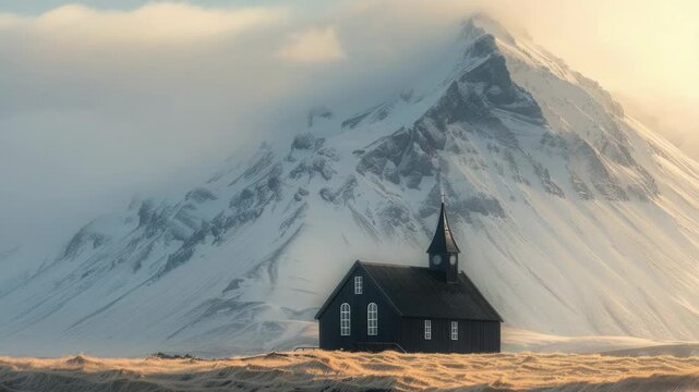 A peaceful church situated in the midst of a lush green field, with a majestic mountain range in the background