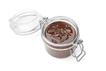 Delicious chocolate panna cotta in glass jar isolated on white